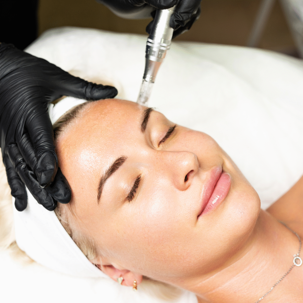 Awoman with a microneedling gun on her face while getting microneedling treatment done.