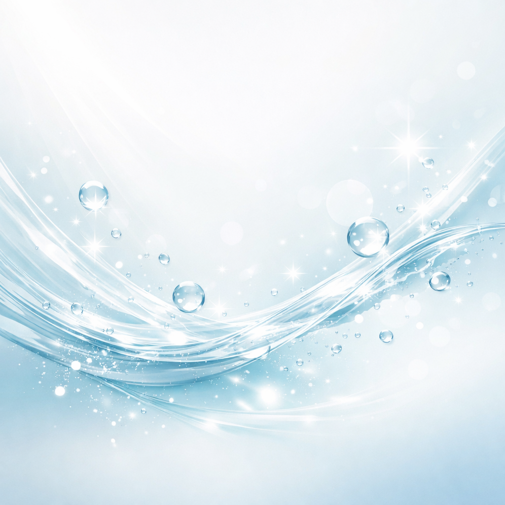Abstract illustration of hydrated, glowing skin with swirling water and soft light flares